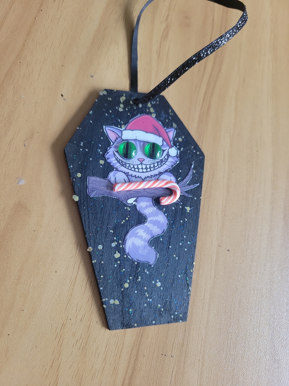 🧋NEW🧋Hand Crafted Black Purple Cat with Green Eyes Holiday Ornament